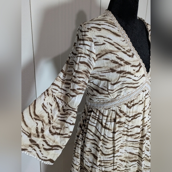 Inc New Women's Tiger Print Bell Sleeve Mini Boho Festival Dress, Size M Beige - Picture 10 of 16